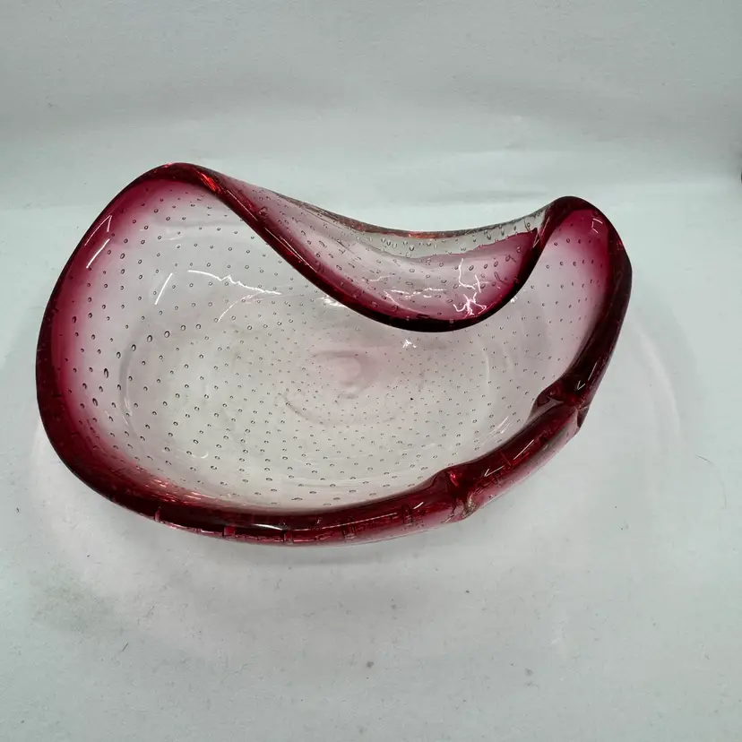 Folded Hand Blown Decorative Dish, Red Rim
