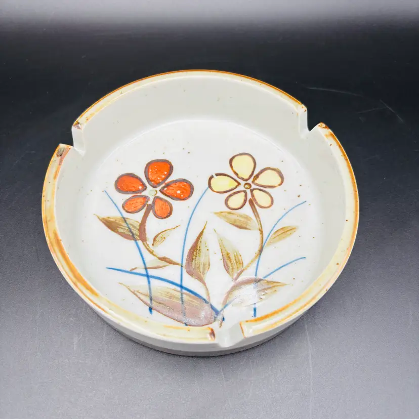 Vintage Otagiri Speckled Stoneware Orange and White Floral Ashtray Handpainted