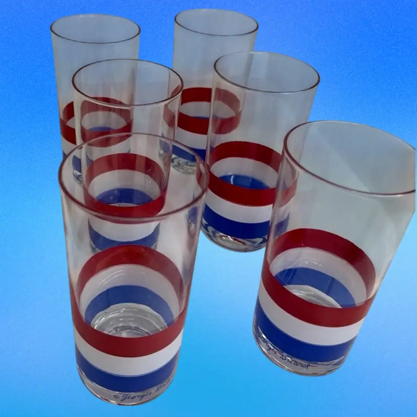 Georges Briard High Ball Drink Cocktail Glasses BARWARE RED WHITE BLUE Set Of 6 Striped 4th Of July Independents Day