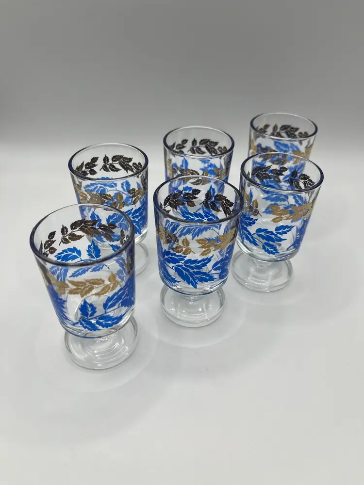 Vintage MADE IN FRANCE MCM Gold & Blue Leaf 6 Footed Shot Glasses Mid Century
