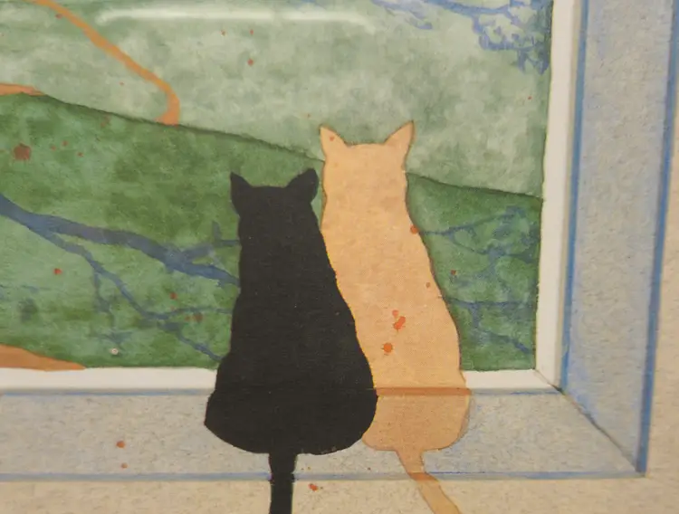 Vintage 1990 Signed D. Morgan Cat Friends Lithograph Print Framed 11" x 11"