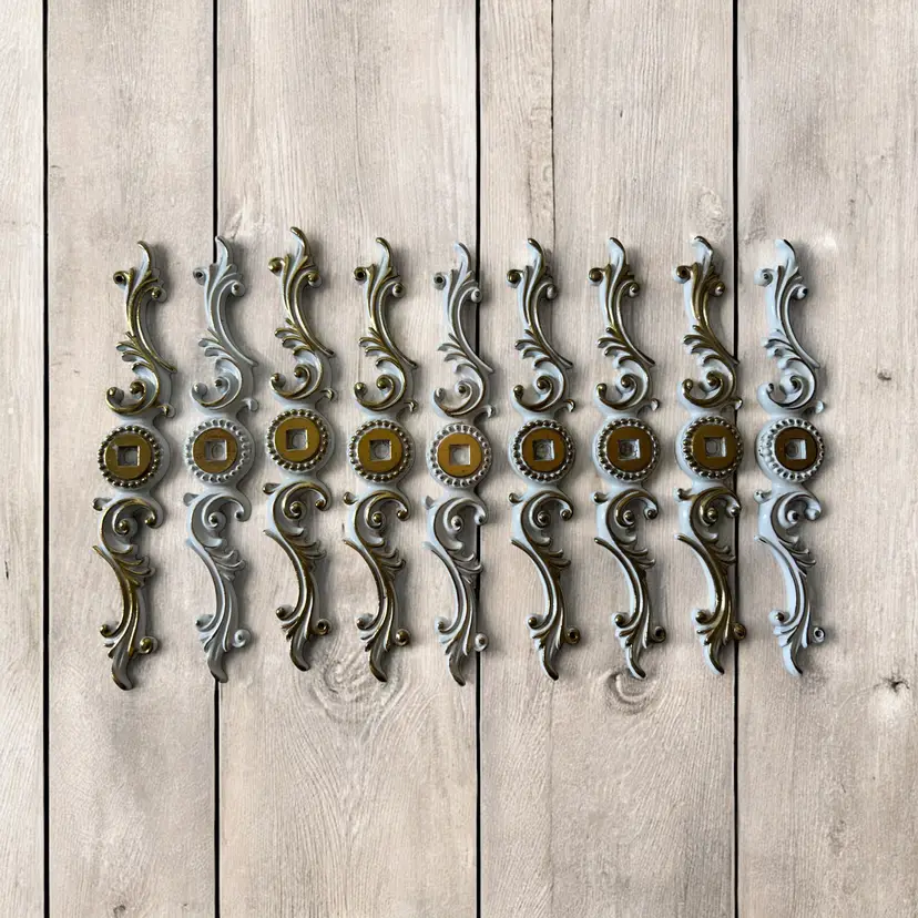 Set (9) Ornate Cabinet Pull BACKPLATE. 6" NOS Vtg Furniture Hardware Knob Parts French Provincial Renovation. c1967 White & Gold Shabby Chic