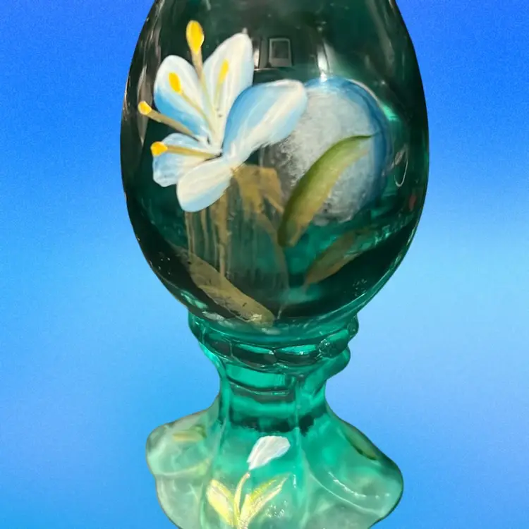 Vintage Fenton Art Glass Hand Painted Iris Turquoise Glass Egg Shaped Footed Paper weight Original Stickers Signed