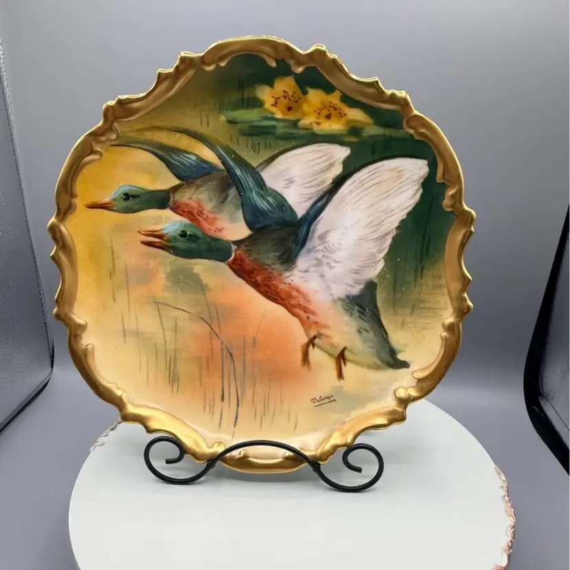 Signed Antique Hand Painted Limoges “Ducks in Flight” Cabinet Plate 10”