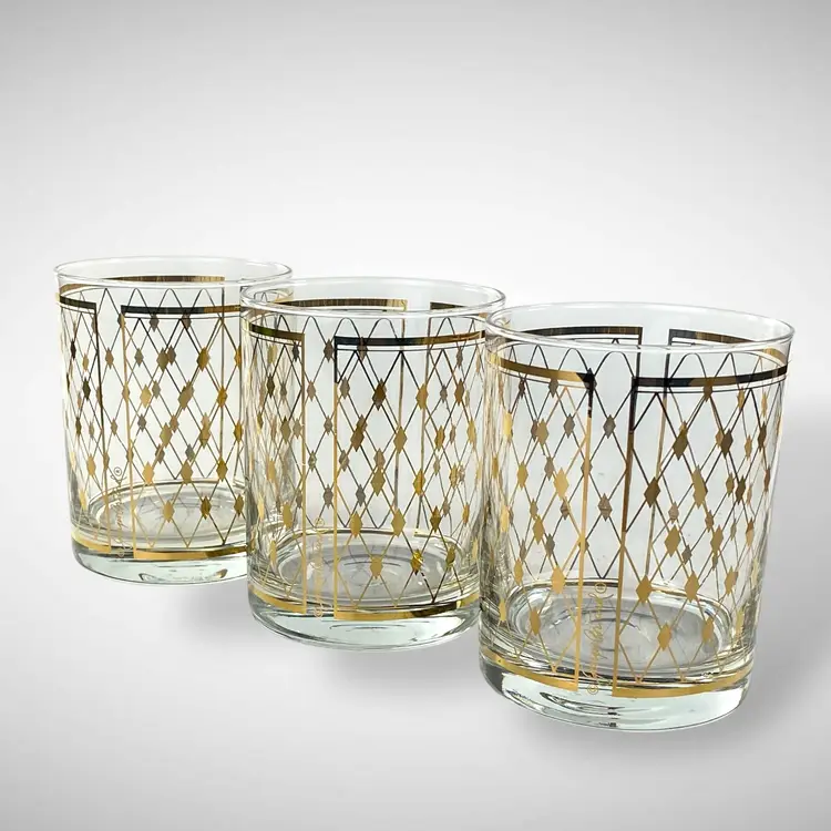 3 Georges Briard Vintage Gold Lattice Lowball Glasses MCM Barware