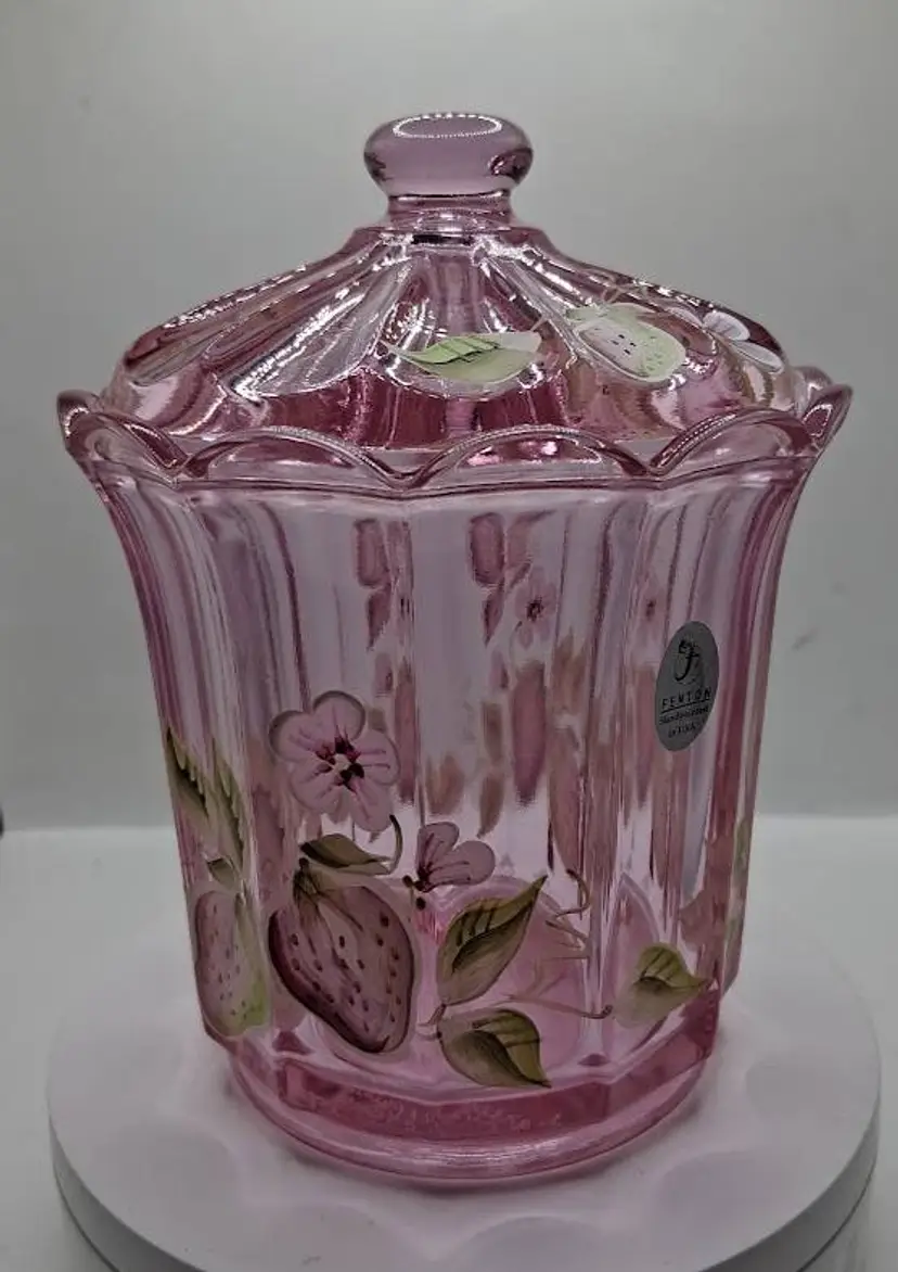 Vintage 2003 Fenton Glass Designer Box Series, Handpainted Robin Spindler Rosemilk Strawberry Paneled Box/Jar 7108 5Q, Limited Edition #225/1950!