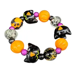 Black Cat Halloween Bracelet Glows 2 Spots Art Glass Stretch 7-8" Orange Pumpkins Fall