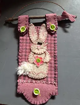 Handmade & Stitched Country Bunny Wall Hanging 7"x10" All Wool Fabrics