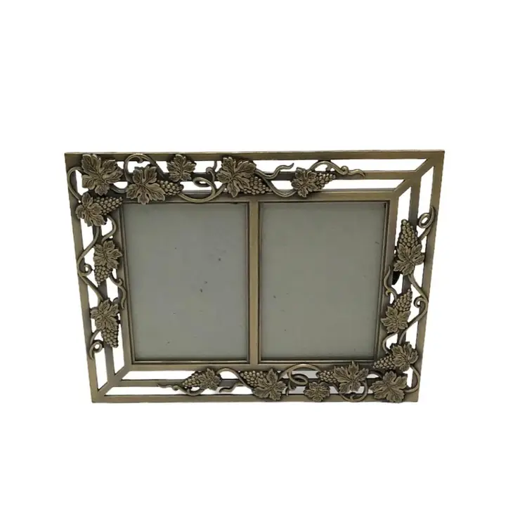 Metal 2 picture photo frame-antique gold tone with grapes and vines