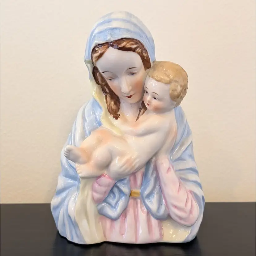 Vintage Madonna & Infant Figurine Planter Vase Mother Mary Baby Jesus Japan