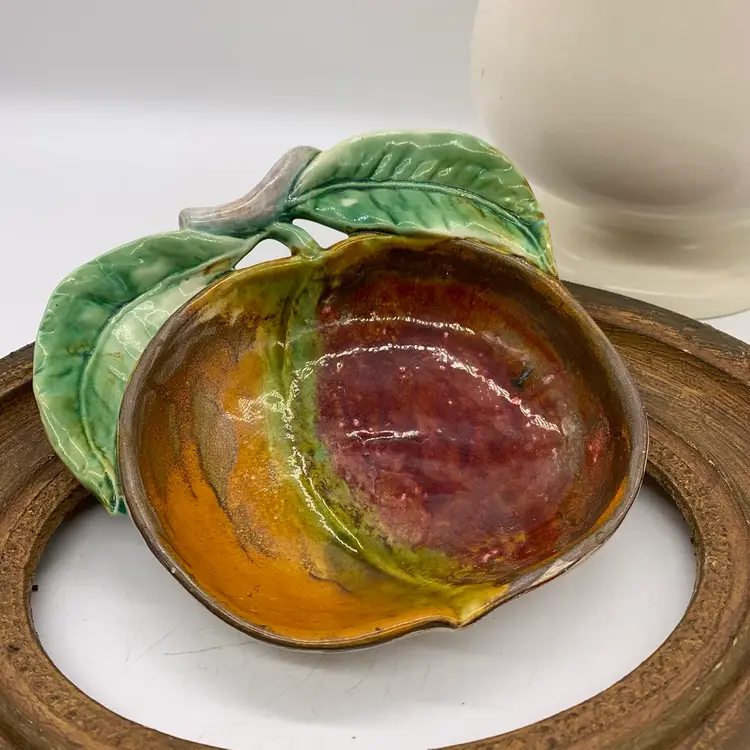 Vintage Hand Painted Ceramic Pottery Apple Trinket Dish Made in Portugal