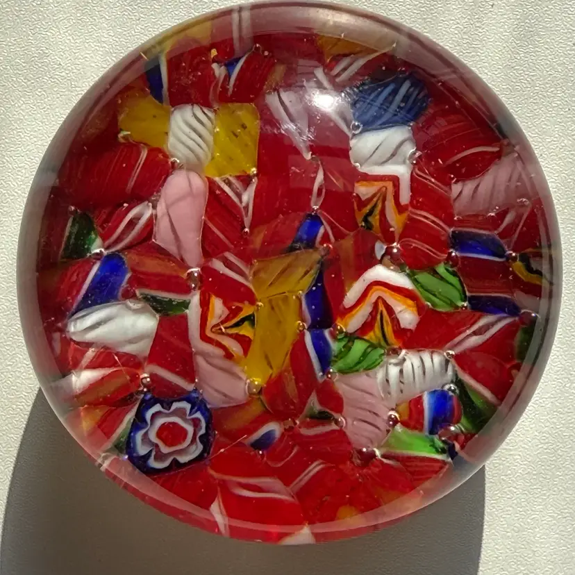 Murrine Scramble Squat Glass Paperweight 2.5”