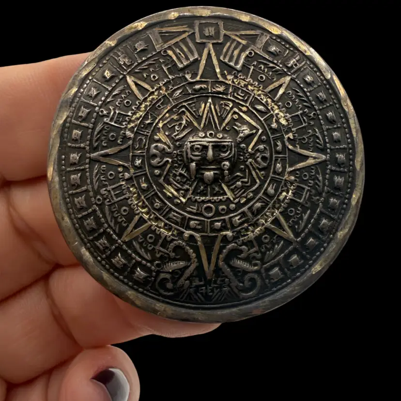 Vintage Taxco Aztec Mayan Calendar Sterling Silver Pin Pendant