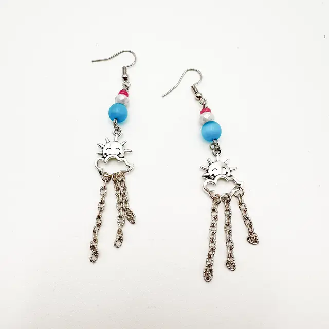 Rain Cloud Sunshine Earrings Blue Bead Accent Silver Tone Handmade