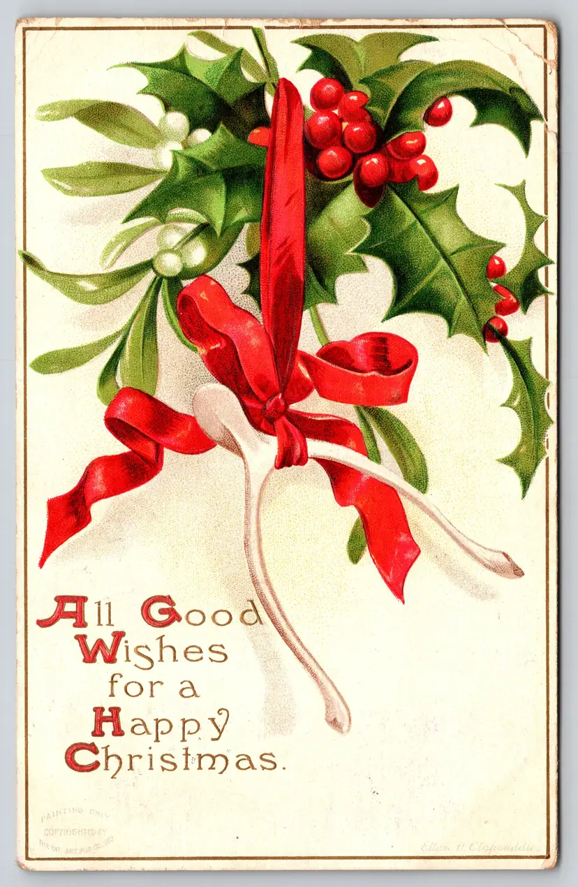 Postcard Ellen Clapsaddle 1902 All Good Wishes for a Happy Christmas Wishbone Embossed - 14519