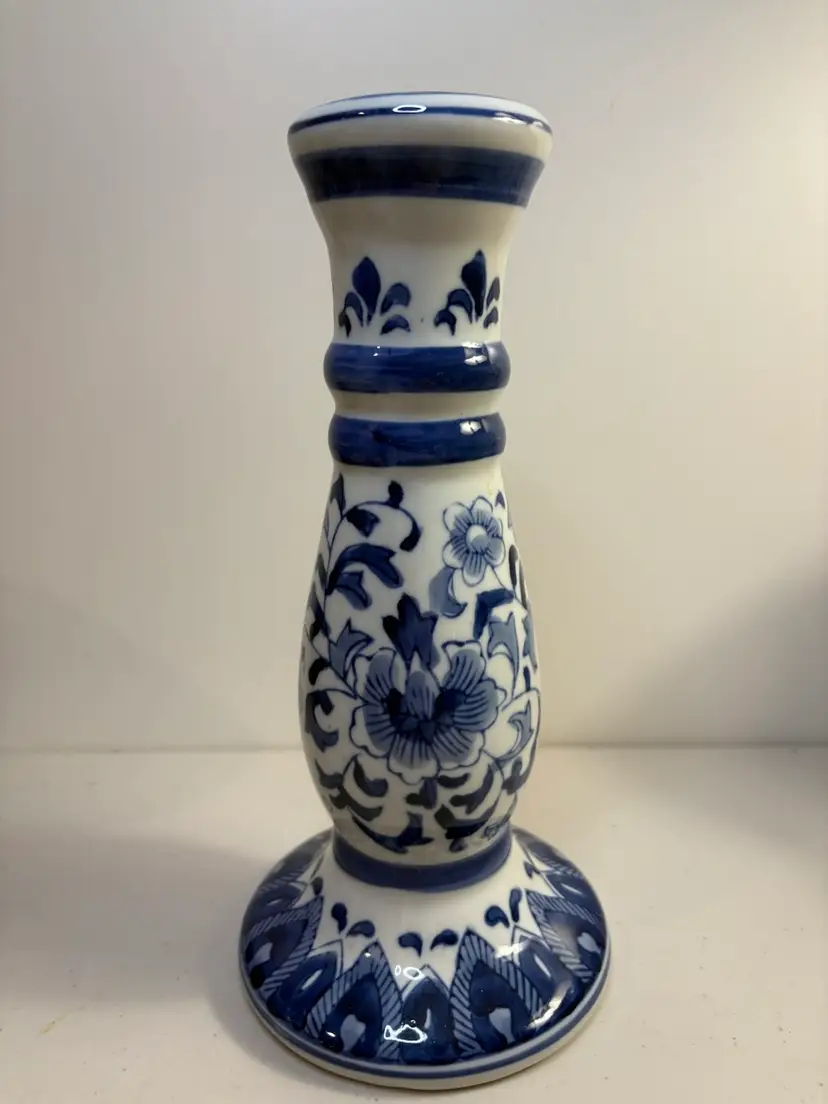Blue And White Taper Candlestick Holder 9.25" Porcelain Country Cottage Floral