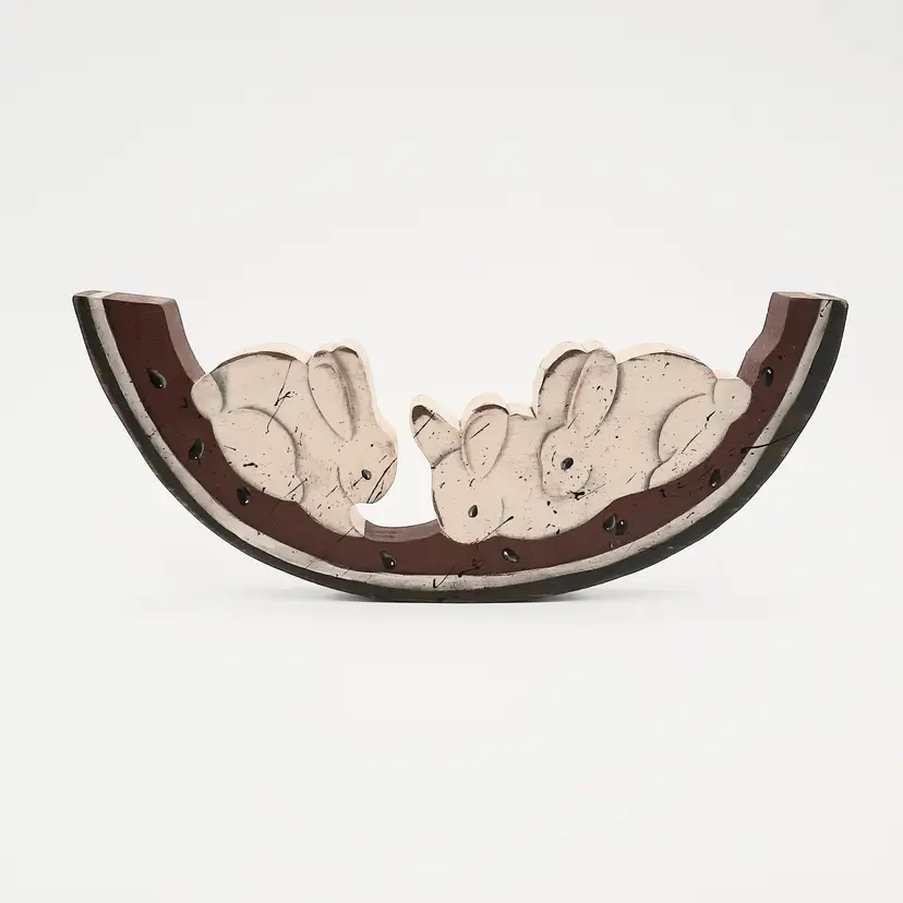 Folk Art Rustic Wooden Watermelon Rind with Bunny Rabbits Hanging Wall Decor