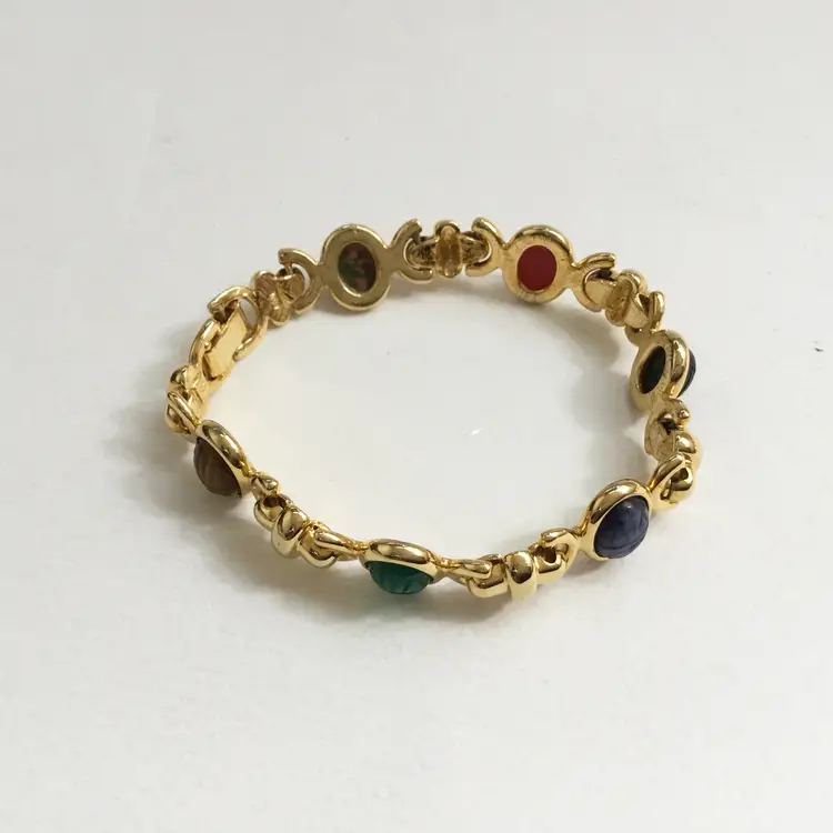 Vintage Weingeroff Scarab Egyptian Revival Multicolor Carved Stone Bracelet