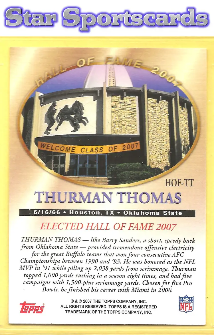 2007 Topps #HOF-TT Thurman Thomas Hall of Fame Class of 2007 Buffalo Bills