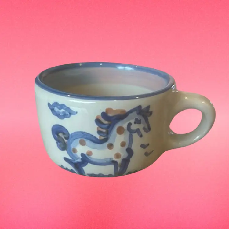 MA Hadley Pottery Stoneware Coffee Mugs/Tea Cups “The End" Horse & Pig 2.25”