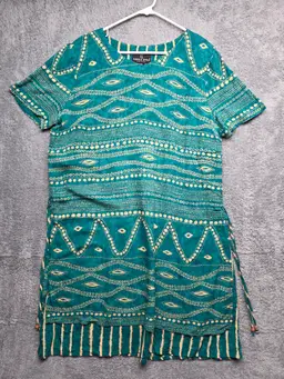 Vintage 80s 90s Carole Little Dress Womens Size 14 Green Teal Boho Tribal Art Aztec