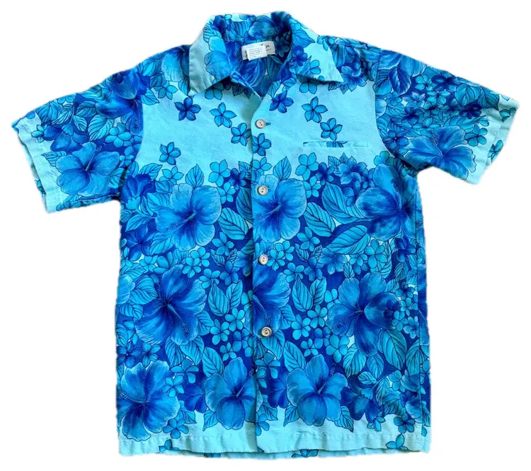 Vintage Mens Mei Jan Of Hawaii Blue Floral Hawaiian Shirt Size Small Tropical