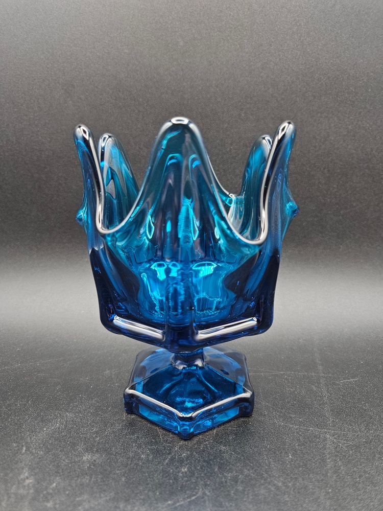 Vintage Viking Bluenique Swung Glass Handkerchief Column Vase Mcm Retro 5.5"