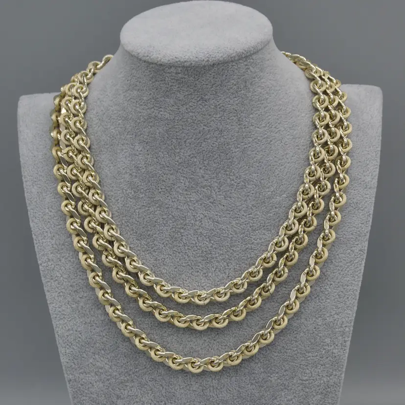 Vintage West Germany Fancy Link Graduated Multi Strand Necklace Light Gold Toned Metal Adjustable 17"-19"