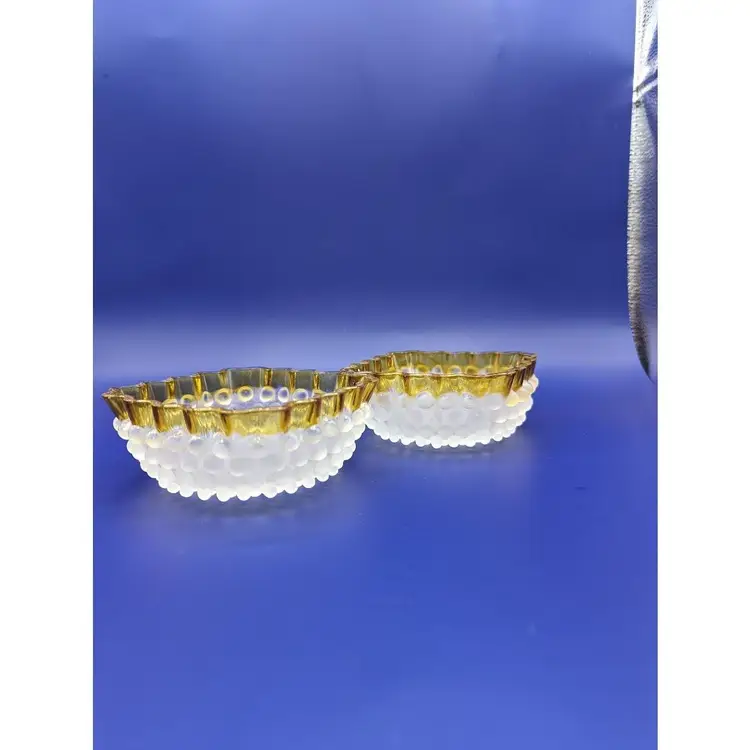 2 EAPG Hobbs Brockunier Frances Ware Dew Drop (Hobnail) Lemon Frost 4" Berry Bowls