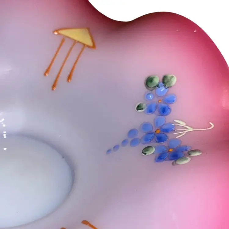 Antique Victorian Enameled Pink Cranberry Ruffled Brides Bowl Hand Painted