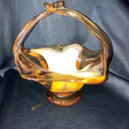Vintage Amber And White Swirl Hand Blown Glass Petal Basket With Handle MCM 6”
