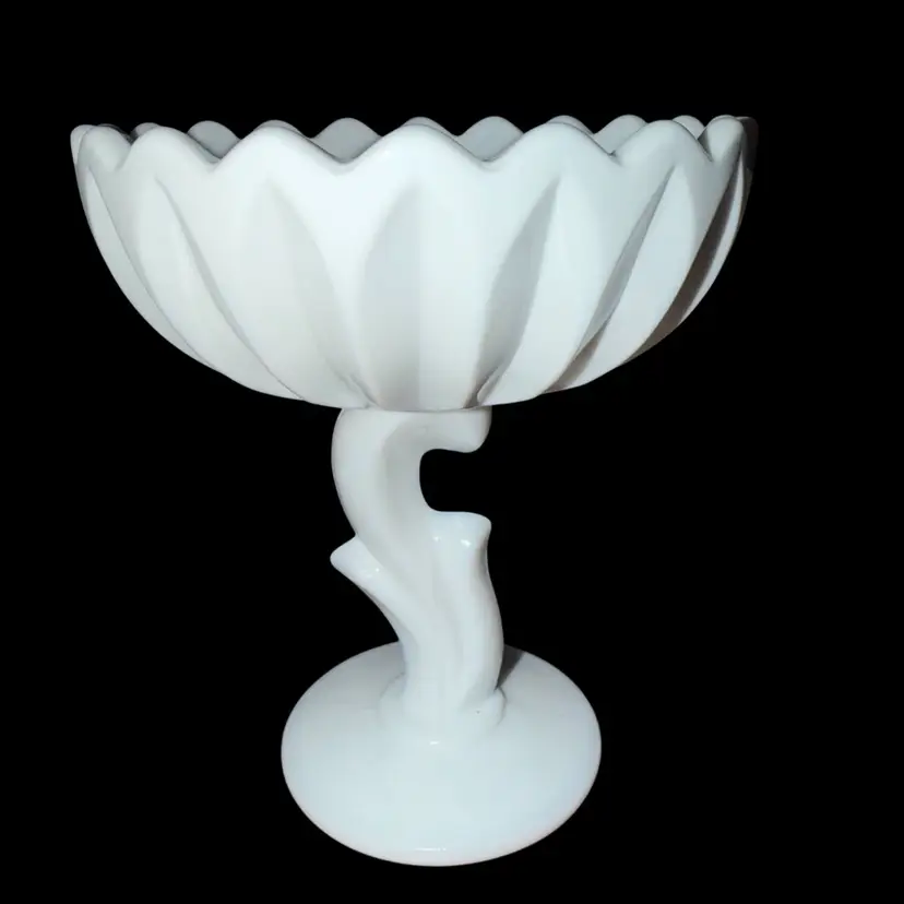 Vintage Milk Glass "Lotus Blossom" Tall Footed Compote Indiana Glass Co. 7.5” X 6”
