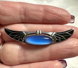 Art Deco Egyptian Revival Sterling Silver, Moonstone & Black Enamel Brooch