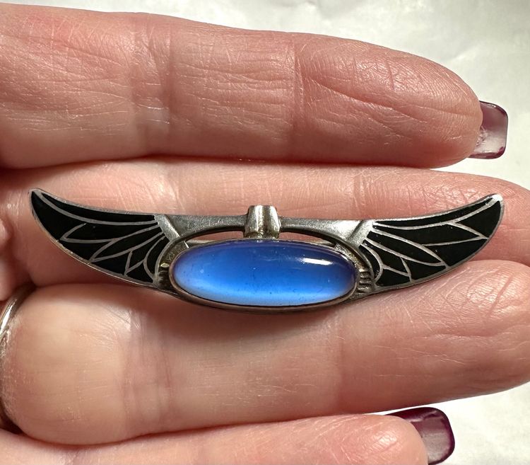 Art Deco Egyptian Revival Sterling Silver, Moonstone & Black Enamel Brooch