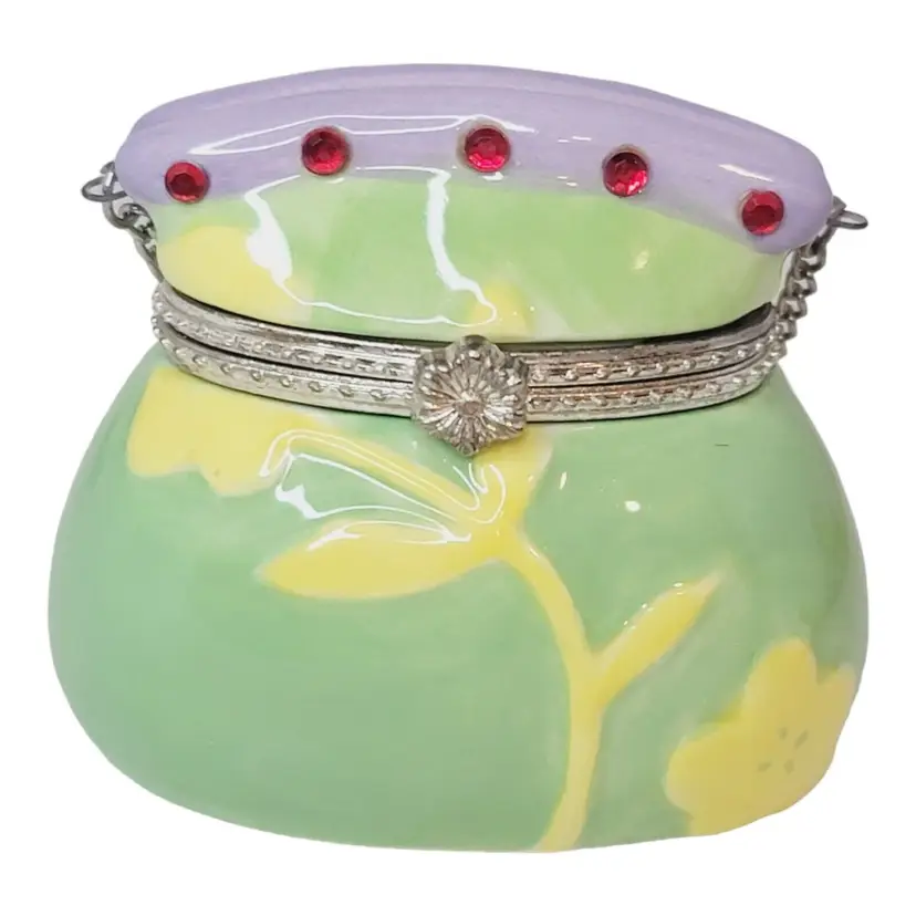 Hallmark Bezel Box Trinket Box Green Yellow Flowers Purse With Chain Retired