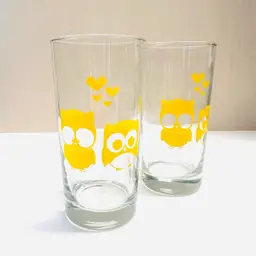 A Pair Vintage Yellow Owl Hearts Drinking Glasses Drinkware Barware