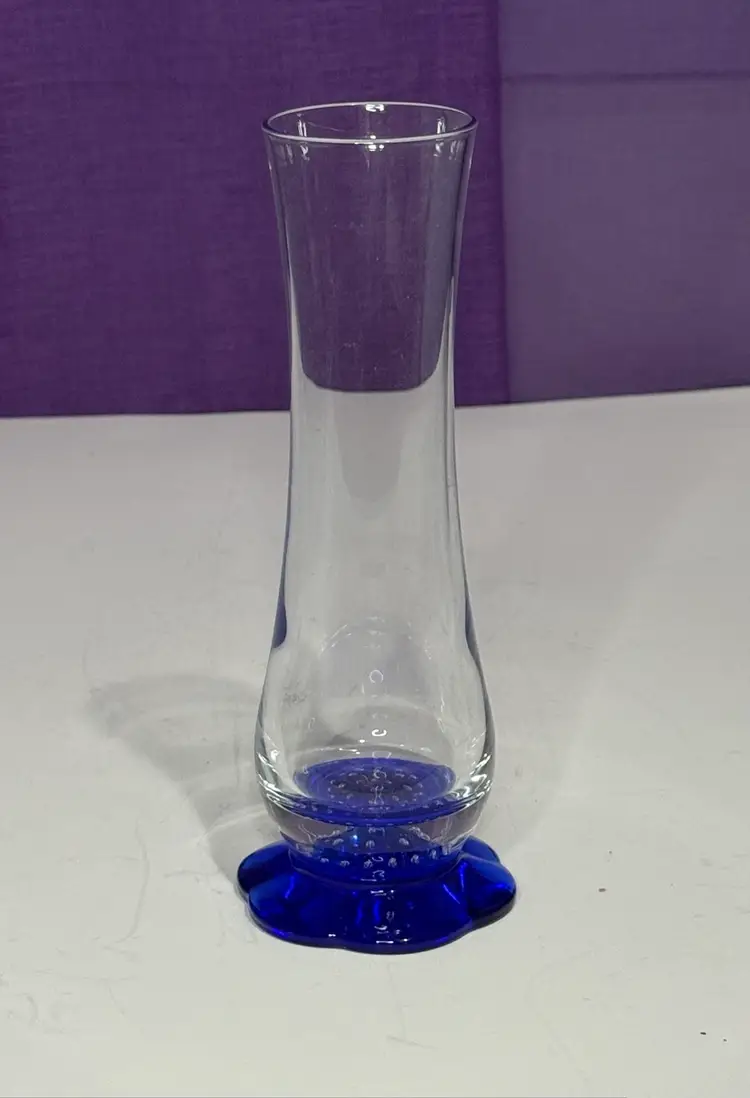 Vintage Bormioli Rocco Turandot Italian Art Glass Bud Vase, Cobalt Blue Base w/ Bubbles