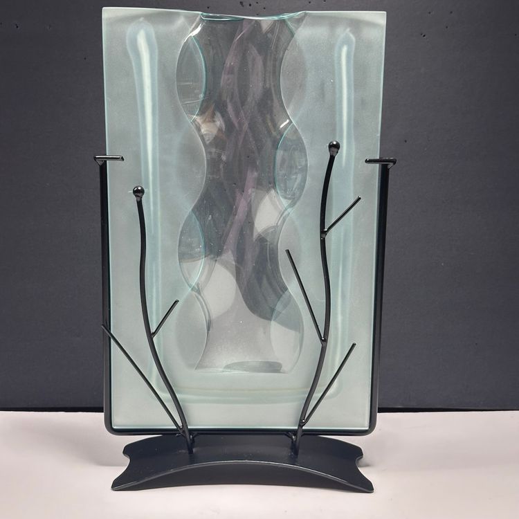 #1464 Contemporary, Art Deco, Frosted Art Glass Vase, Black Metal Frame Stand, Glass Insert