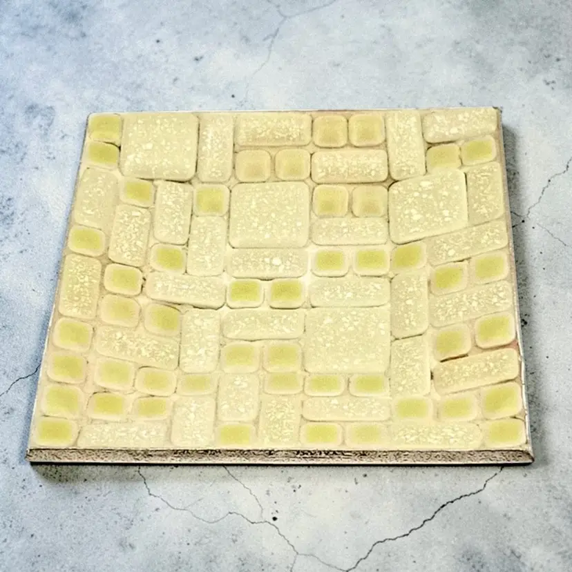MCM Yellow Mosaic Tile Square Trinket Dish Tray Platter Gold Color Back Vtg