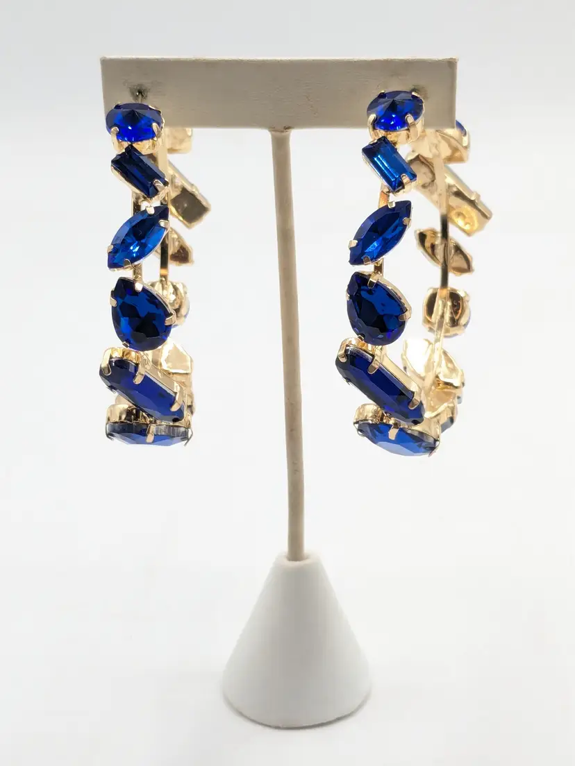 Gold Tone Large Statement Blue Glass Hoop Earrings