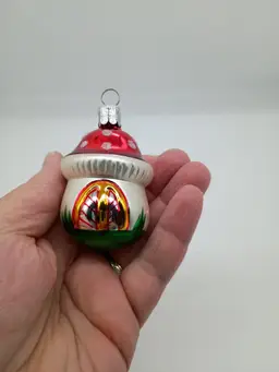 Mercury Glass Red / White Mushroom Fairy Gnome House Christmas Ornament Czech Republic.