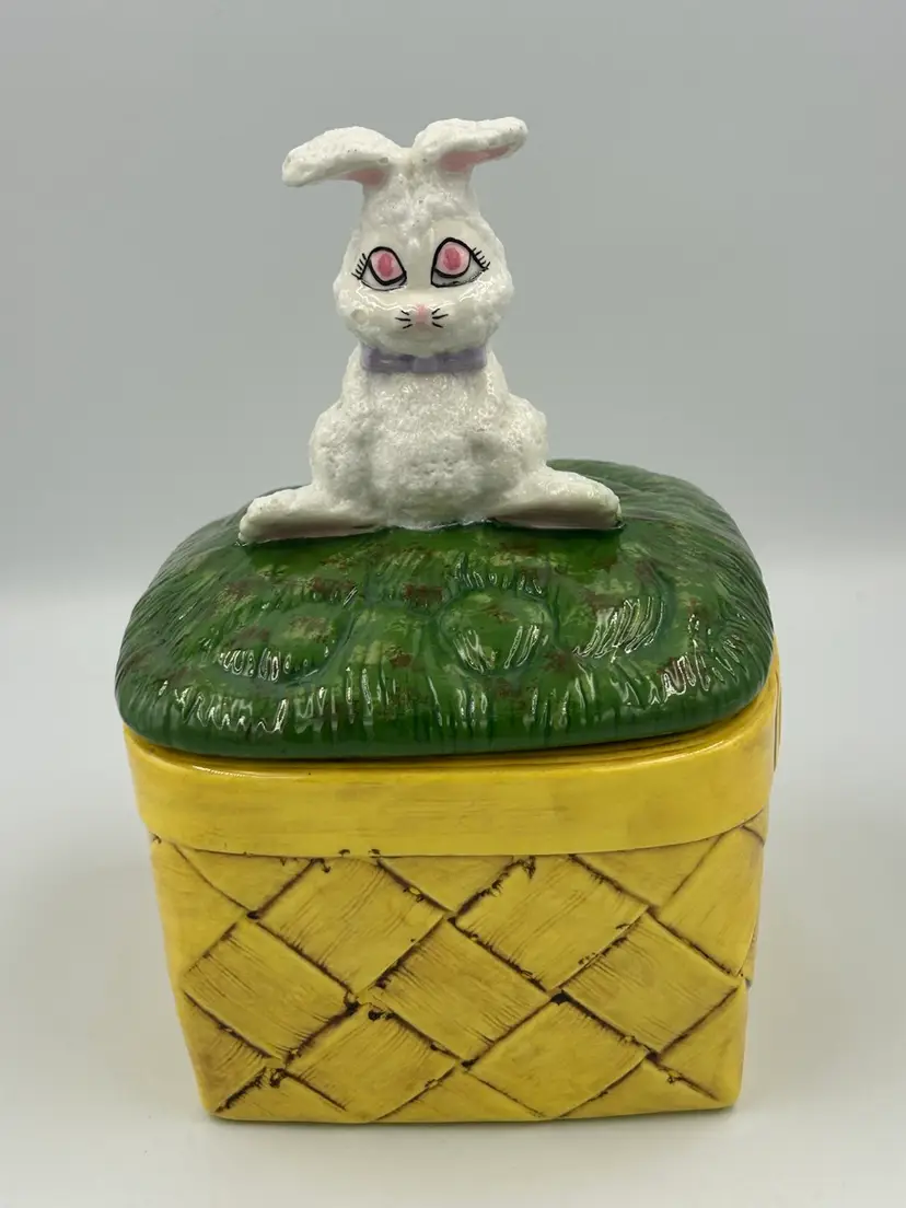 Kitschy Vintage Easter Bunny On Woven Basket Ceramic Candy Dish With Lid Hand Painted 1970s