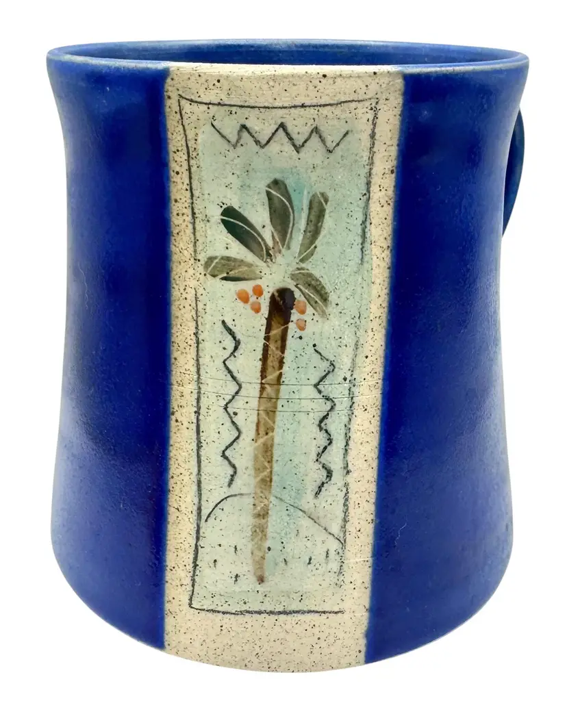 Signed Studio Art Pottery Double Handled Cup Vessel Vase Blue Palm Tree 5 x 4.5”