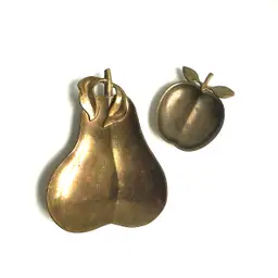Vintage brass pear and apple dish duo / set of 2 brass fruit dishes / apple & pear brass dish pair