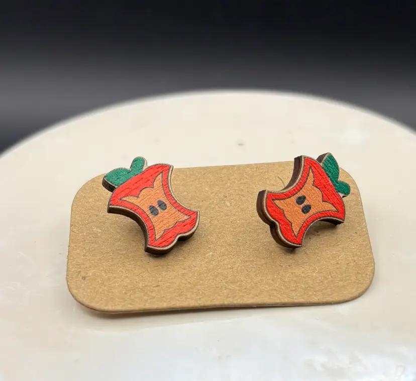 Apple Core Earrings, small posts, wood and paper, teacher gift, school