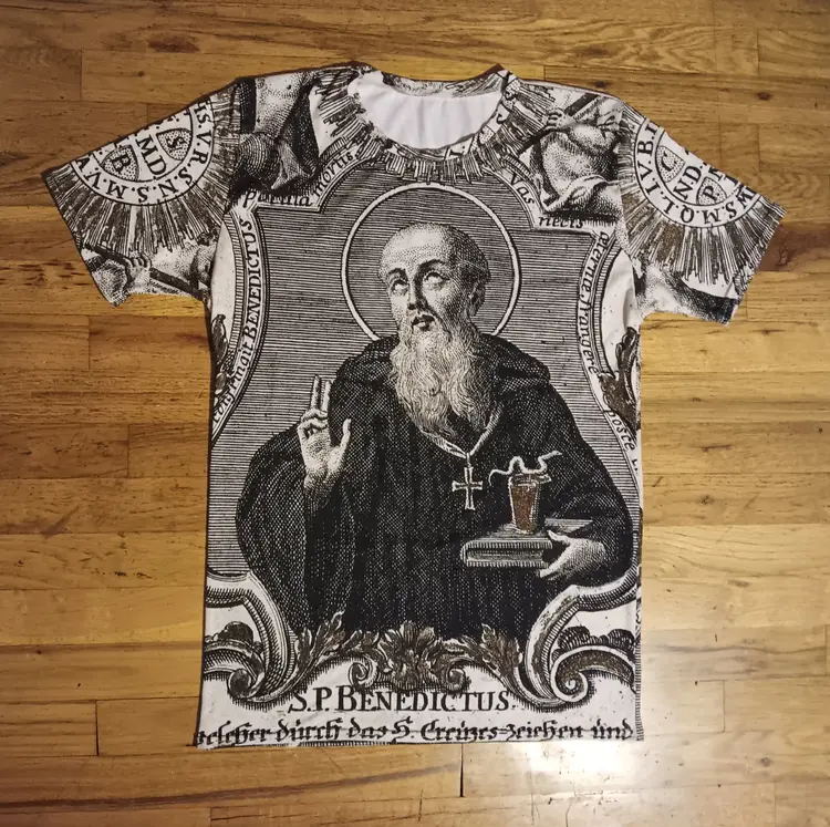Saint Benedict Sveti Benedikt St San Benedetto t-shirt AOP Catholic Medal Latin