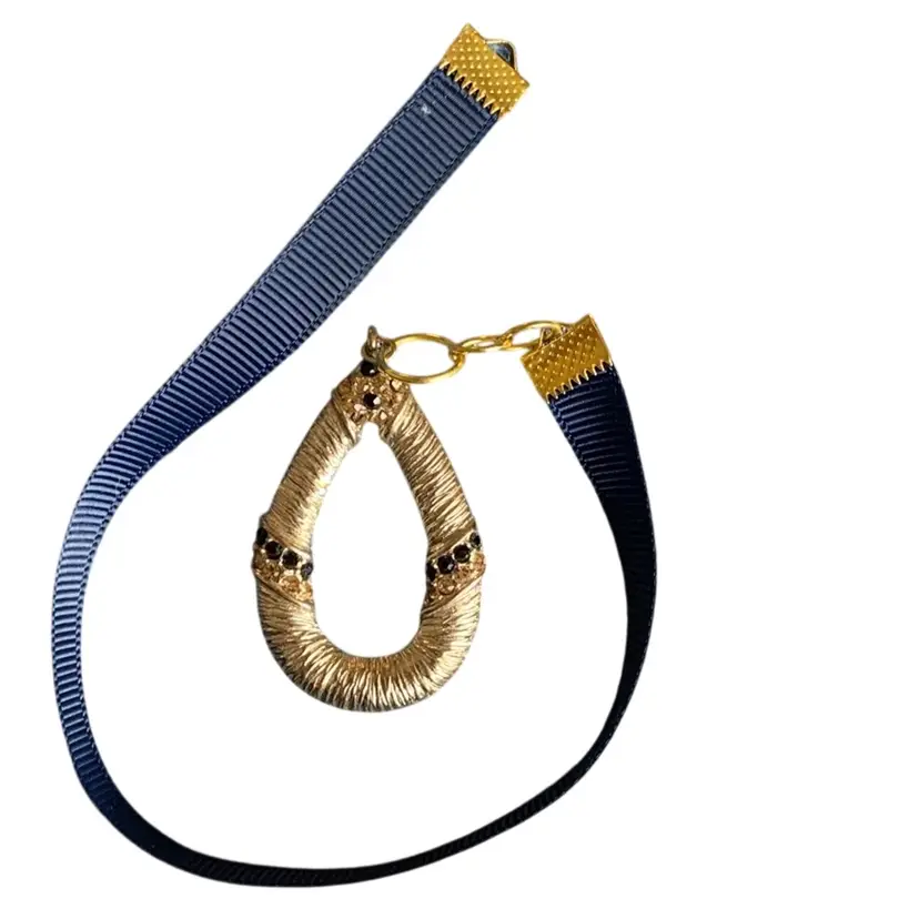 Book Mark Blue Ribbon With Gold Tone Jewel And Blue Rhinestones