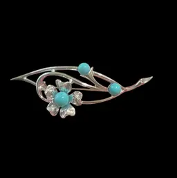 32. Vintage Silvertone Sarah Coventry Faux Turquoise Floral Flower Brooch.