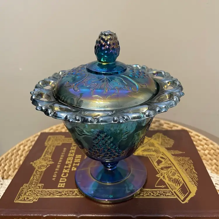 Vintage Blue Carnival Indiana Glass Reticulated Candy Dish Lid Harvest Grape