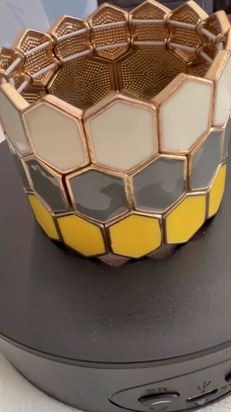 Enamel Yellow Gray Cream Gold Tone Stretch Metal